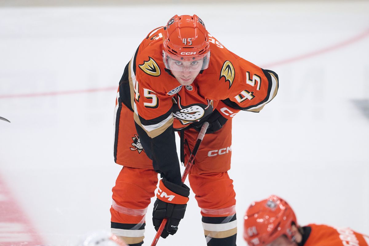 The Anaheim Ducks Beckett Sennecke #45 during an NHL playoff game against The Edmonton Oilers, April 26th, 2026 in Anaheim California.