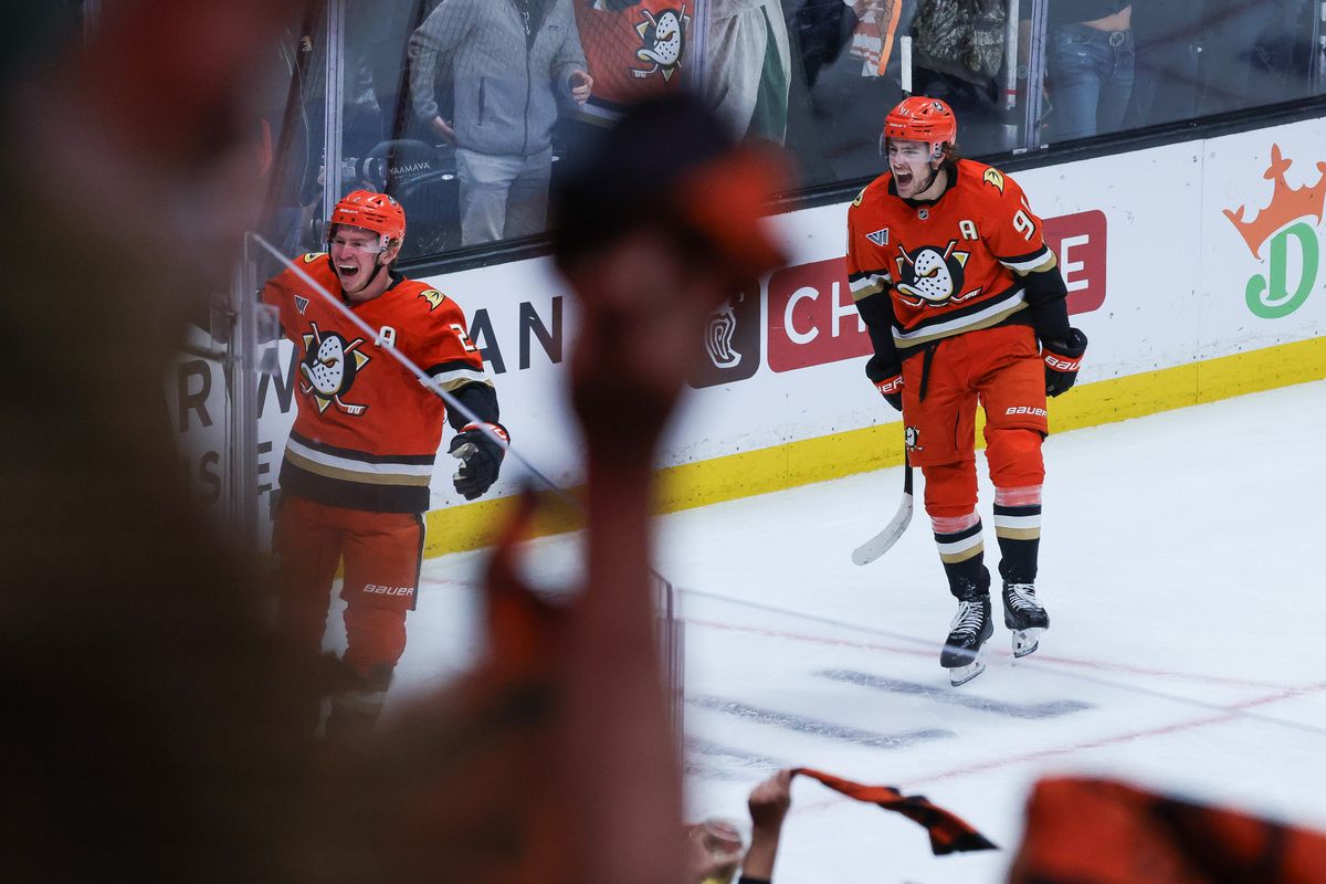 Anaheim Ducks defenseman Jackson LaCombe (2) celebrates with Leo Carlsson (91) during the NHL game against the Edmonton Oilers, Thursday April 30th, 2026 at Honda Center in Anaheim, Calif.