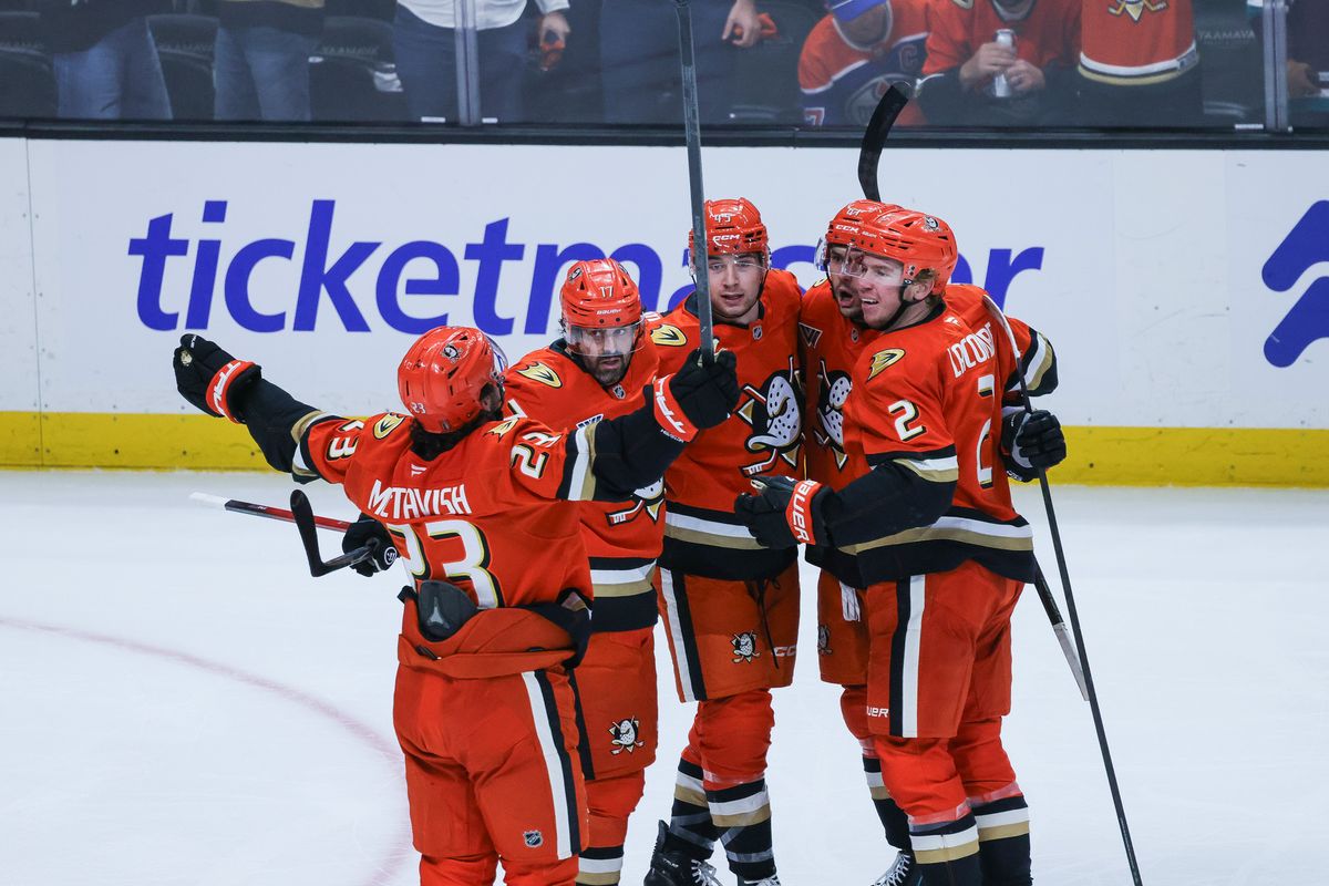 Anaheim Ducks celebrate during the NHL game against the Edmonton Oilers, Thursday April 30th, 2026 at Honda Center in Anaheim, Calif.