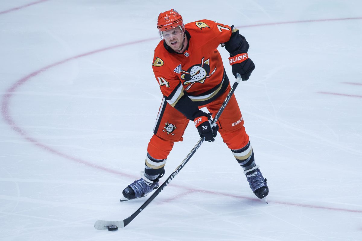 Anaheim Ducks defenseman John Carlson (74) passes the puck during the NHL game against the Edmonton Oilers, Thursday April 30th, 2026 at Honda Center in Anaheim, Calif.