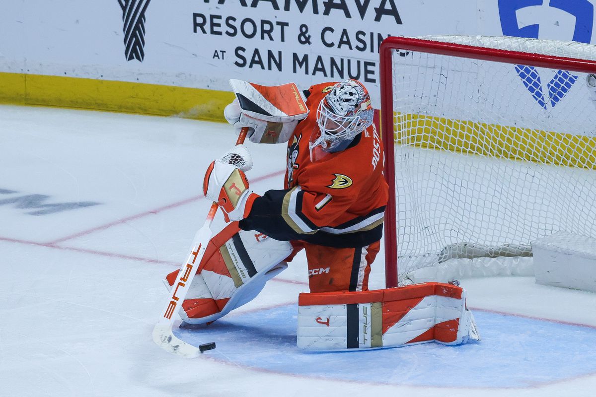 Anaheim Ducks goalie Lukas Dostal (1) passes the puck during the NHL game against the Edmonton Oilers, Thursday April 30th, 2026 at Honda Center in Anaheim, Calif.