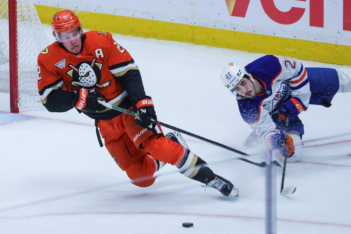 Anaheim Ducks defenseman Jackson LaCombe (2) falls during the NHL game against the Edmonton Oilers, Thursday April 30th, 2026 at Honda Center in Anaheim, Calif.
