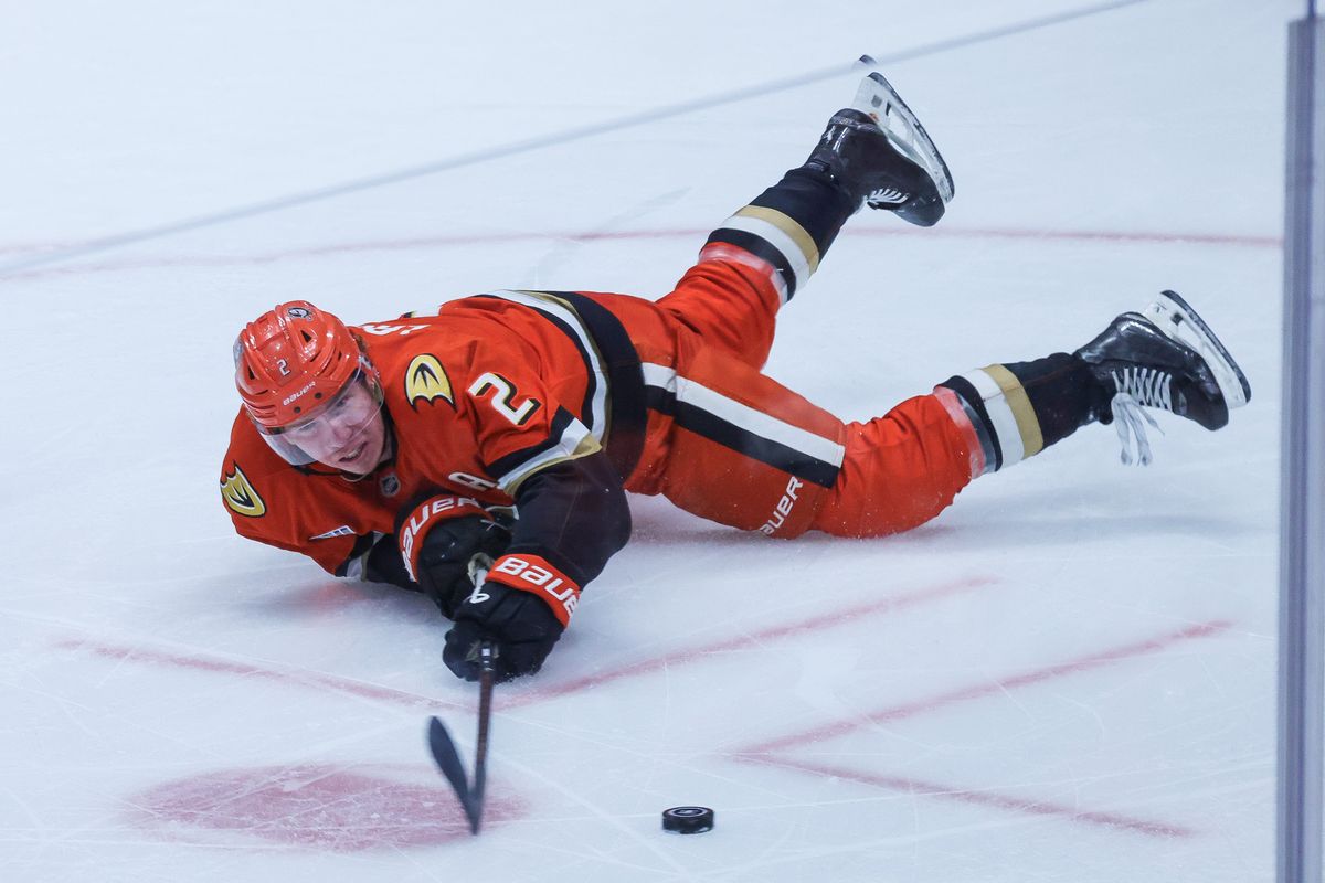 Anaheim Ducks defenseman Jackson LaCombe (2) falls during the NHL game against the Edmonton Oilers, Thursday April 30th, 2026 at Honda Center in Anaheim, Calif.