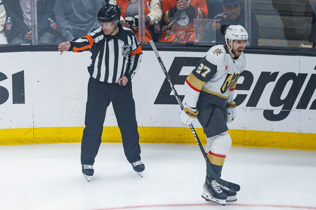 Shea Theodore #27 of the Vegas Golden Knights celebrates after scoring a goal during an NHL Stanley Cup Playoffs match against the Anaheim Ducks on May 8, 2026 at Honda Center in Anaheim, California.