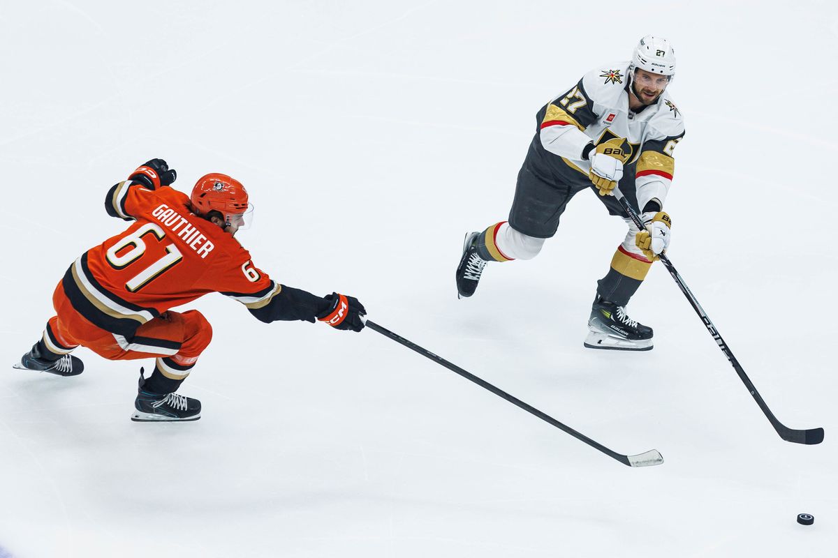 Shea Theodore #27 of the Vegas Golden Knights passes the puck during an NHL Stanley Cup Playoffs match against the Anaheim Ducks on May 8, 2026 at Honda Center in Anaheim, California.