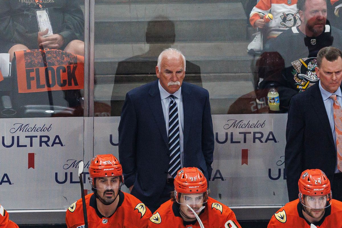 Joel Quenneville of the Anaheim Ducks watches on during an NHL Stanley Cup Playoffs match against the Vegas Golden Knights on May 8, 2026 at Honda Center in Anaheim, California.