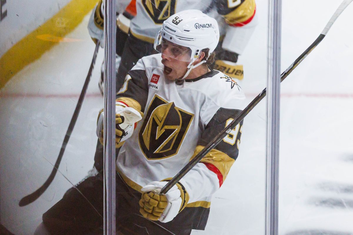 Mitch Marner #93 of the Vegas Golden Knights celebrates after scoring a goal during an NHL Stanley Cup Playoffs match against the Anaheim Ducks on May 8, 2026 at Honda Center in Anaheim, California.