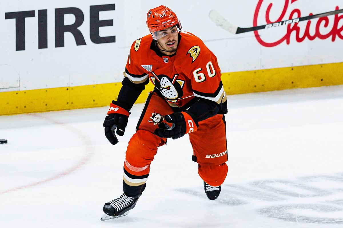 Tyson Hinds #60 of the Anaheim Ducks skates to the bench after losing his stick during an NHL Stanley Cup Playoffs match against the Vegas Golden Knights on May 8, 2026 at Honda Center in Anaheim, California.