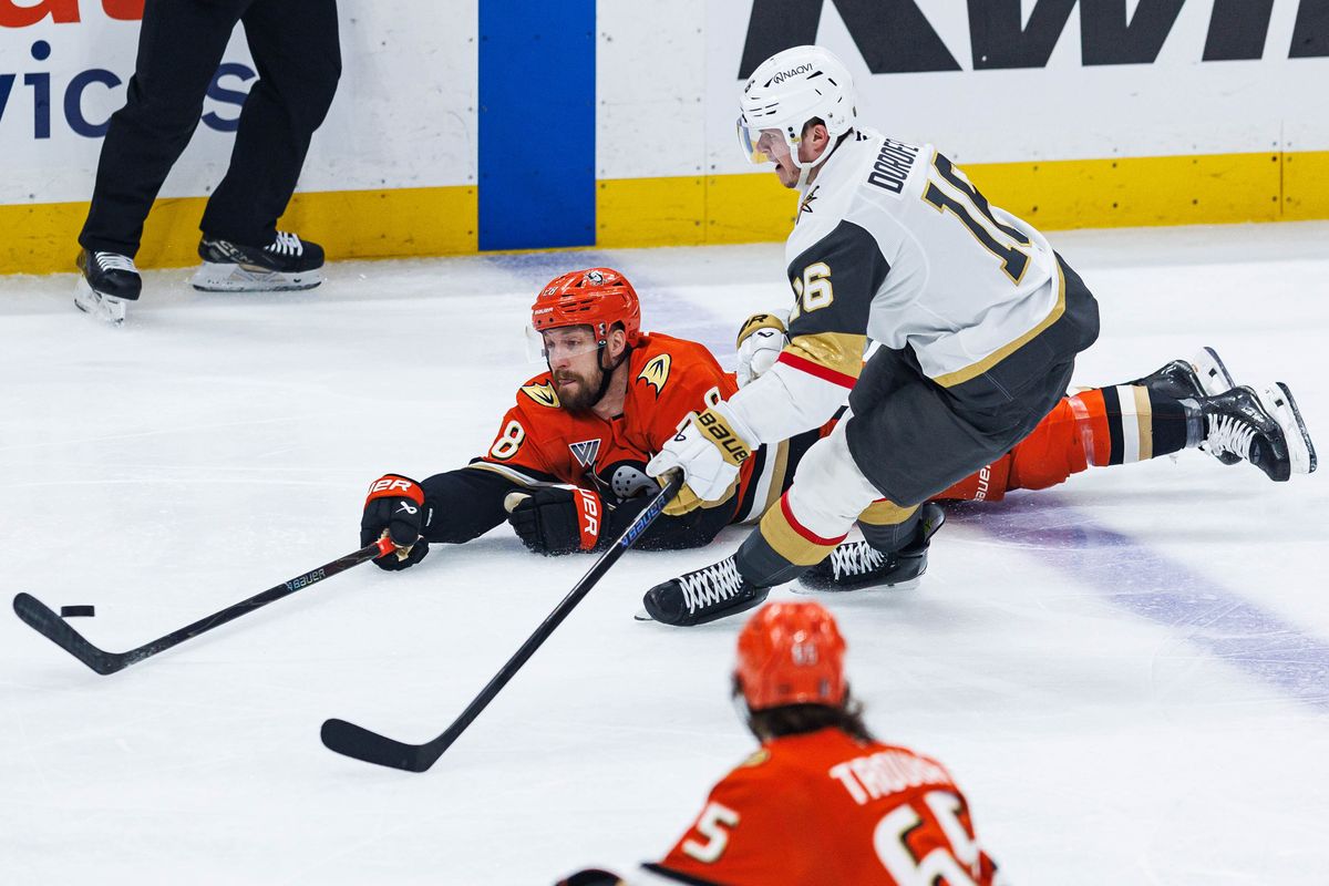 Jeffrey Viel #28 of the Anaheim Ducks dives for the puck during an NHL Stanley Cup Playoffs match against the Vegas Golden Knights on May 8, 2026 at Honda Center in Anaheim, California.