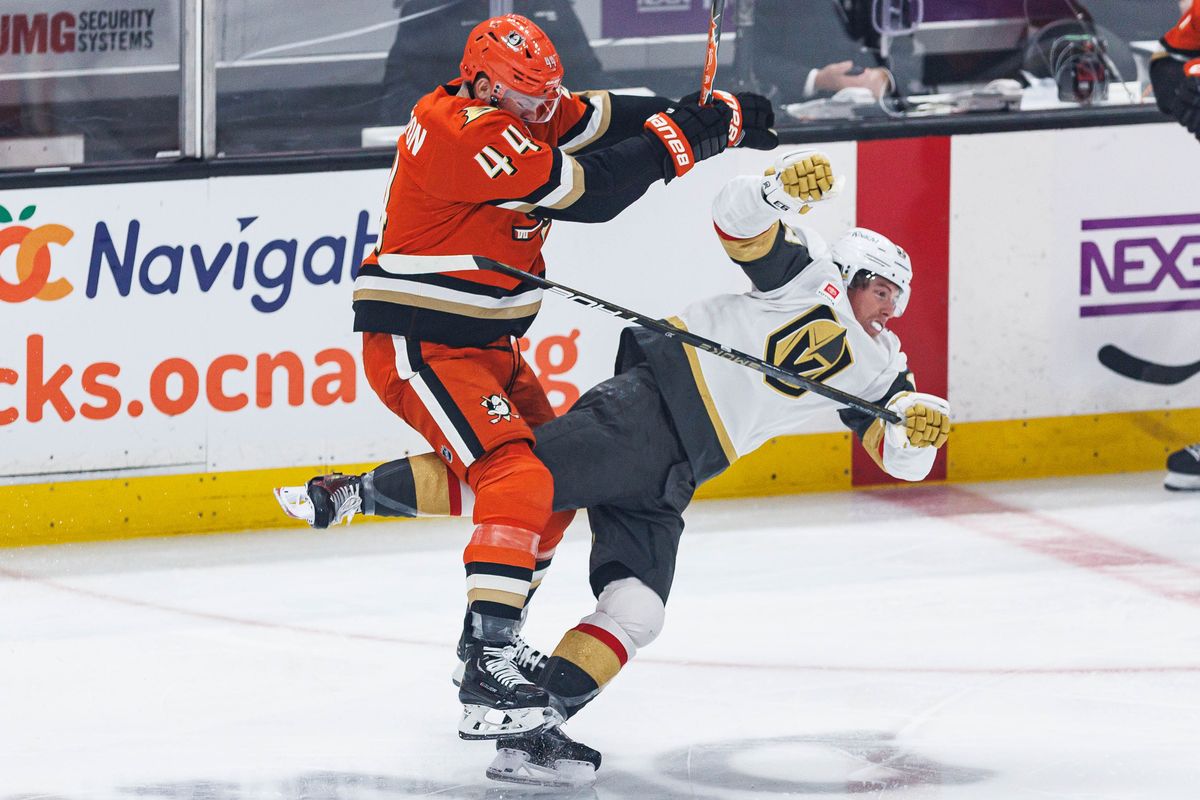 Ross Johnston #44 of the Anaheim Ducks records a hit during an NHL Stanley Cup Playoffs match against the Vegas Golden Knights on May 8, 2026 at Honda Center in Anaheim, California.