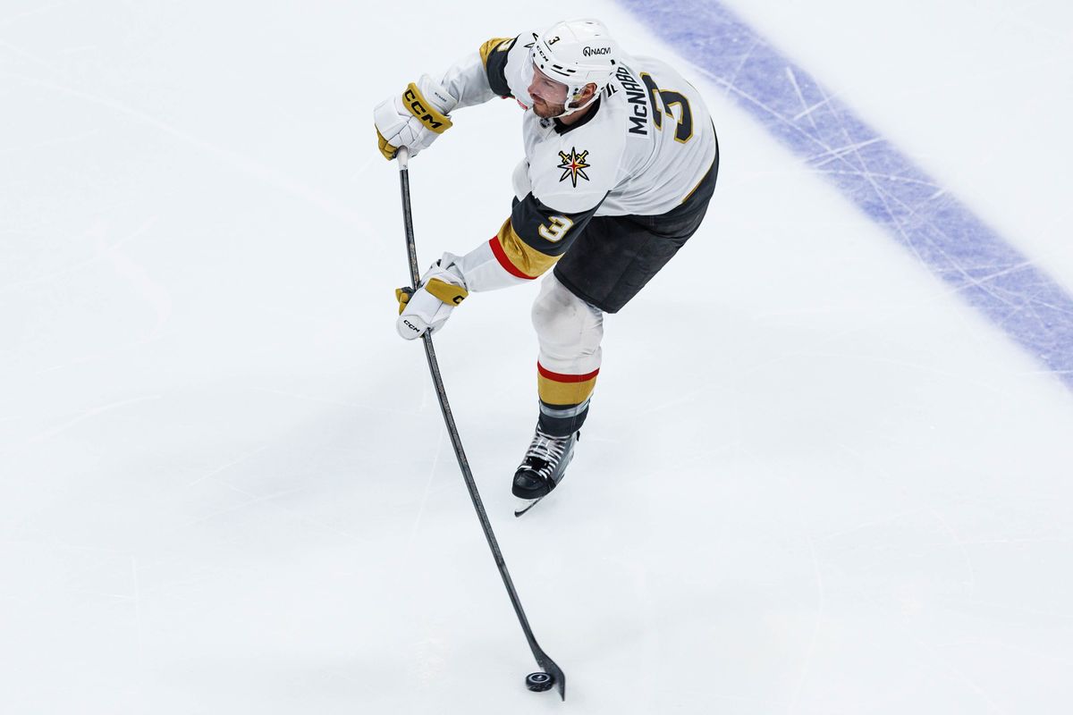 Brayden McNabb #3 of the Vegas Golden Knights passes the puck during an NHL Stanley Cup Playoffs match against the Anaheim Ducks on May 8, 2026 at Honda Center in Anaheim, California.