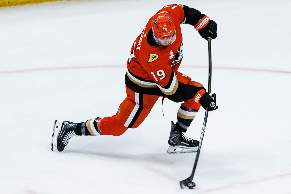 Troy Terry #19 of the Anaheim Ducks shoots the puck during an NHL Stanley Cup Playoffs match against the Vegas Golden Knights on May 8, 2026 at Honda Center in Anaheim, California.