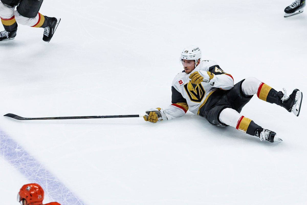 Ivan Barbashev #49 of the Vegas Golden Knights falls to the ice during an NHL Stanley Cup Playoffs match against the Anaheim Ducks on May 8, 2026 at Honda Center in Anaheim, California.