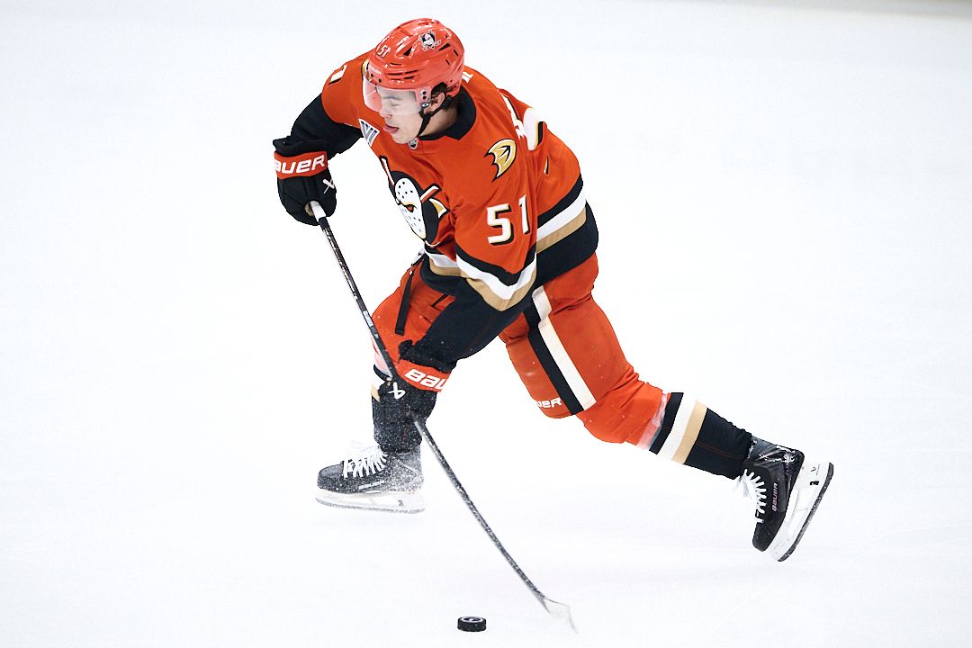 The Anaheim Ducks Olen Zellweger #51 shoots a goal attempt during an NHL playoffs game against The Vegas Golden Knights on May 10th, 2026 at Honda Center in Anaheim, California.