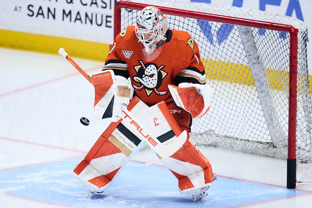 The Anaheim Ducks Lukas Dostal #1 blocks a goal attempt during an NHL playoffs game against The Vegas Golden Knights on May 10th, 2026 at Honda Center in Anaheim, California.