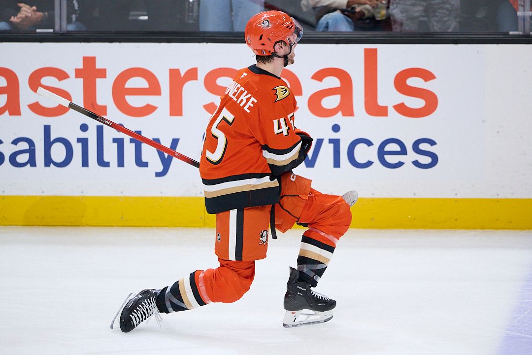 The Anaheim Ducks Beckett Sennecke #45 scores a goal during an NHL playoffs game against The Vegas Golden Knights on May 10th, 2026 at Honda Center in Anaheim, California.
