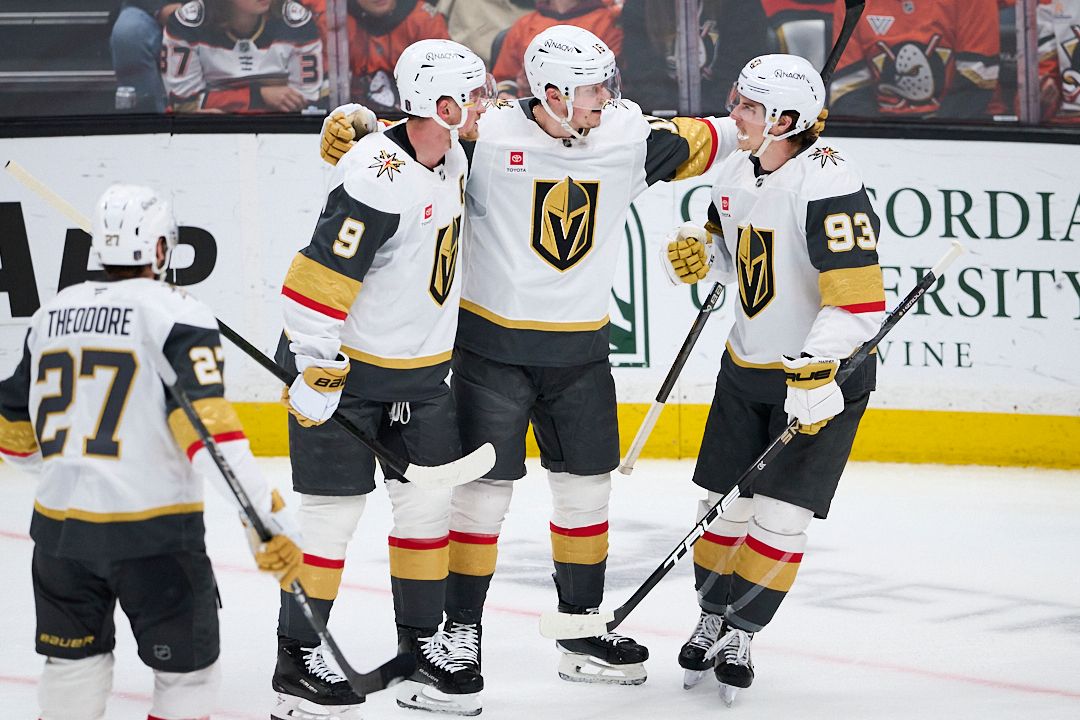 The Vegas Golden Knights celebrate a goal scored during an NHL playoffs game against The Anaheim Ducks on May 10th, 2026 at Honda Center in Anaheim, California.