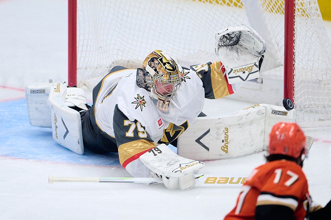 The Vegas Golden Knights Carter Hart #79 blocks a goal attempt during an NHL playoffs game against The Anaheim Ducks on May 10th, 2026 at Honda Center in Anaheim, California.