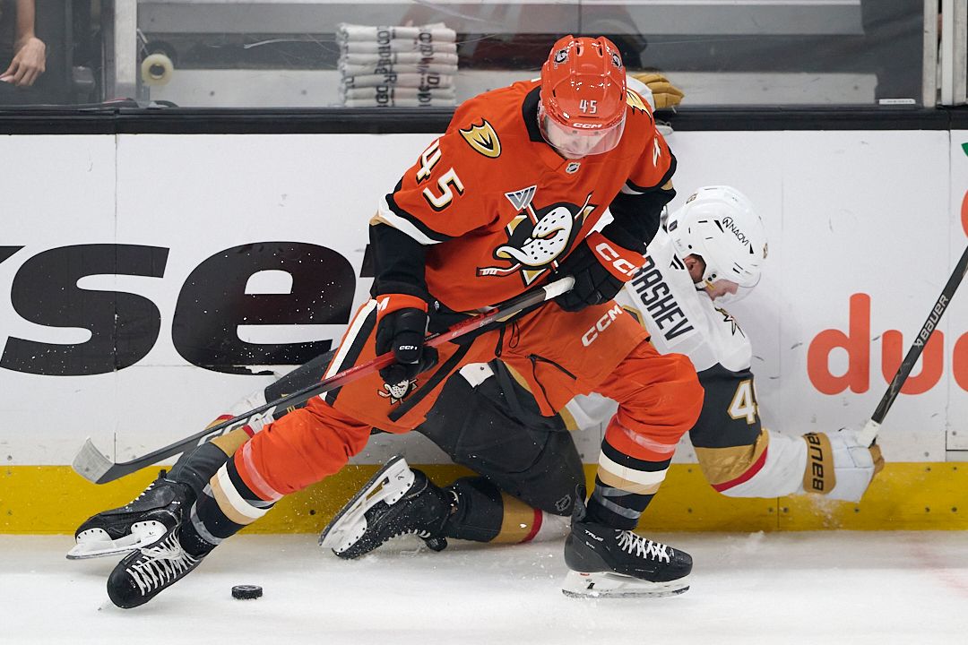 The Anaheim Ducks Beckett Sennecke #45 fights for the puck during an NHL playoffs game against The Vegas Golden Knights on May 10th, 2026 at Honda Center in Anaheim, California.