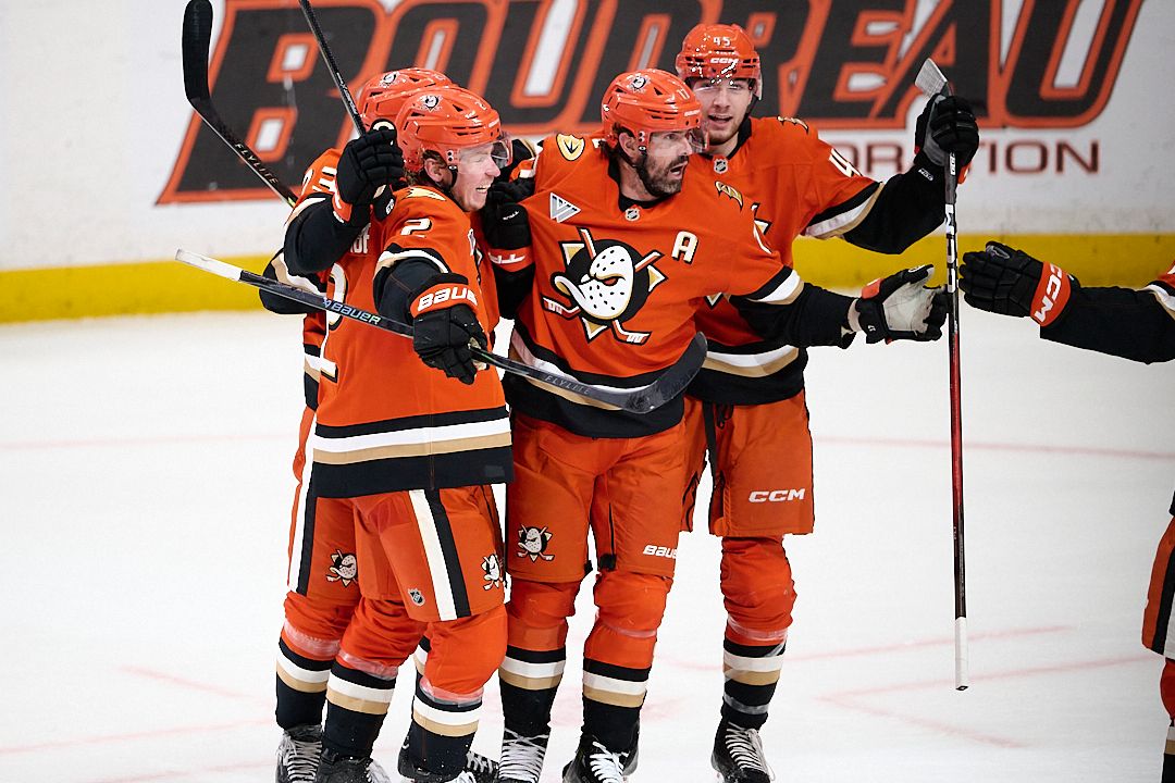 The Anaheim Ducks Alex Killorn #17 scores a goal during an NHL playoffs game against The Vegas Golden Knights on May 10th, 2026 at Honda Center in Anaheim, California.