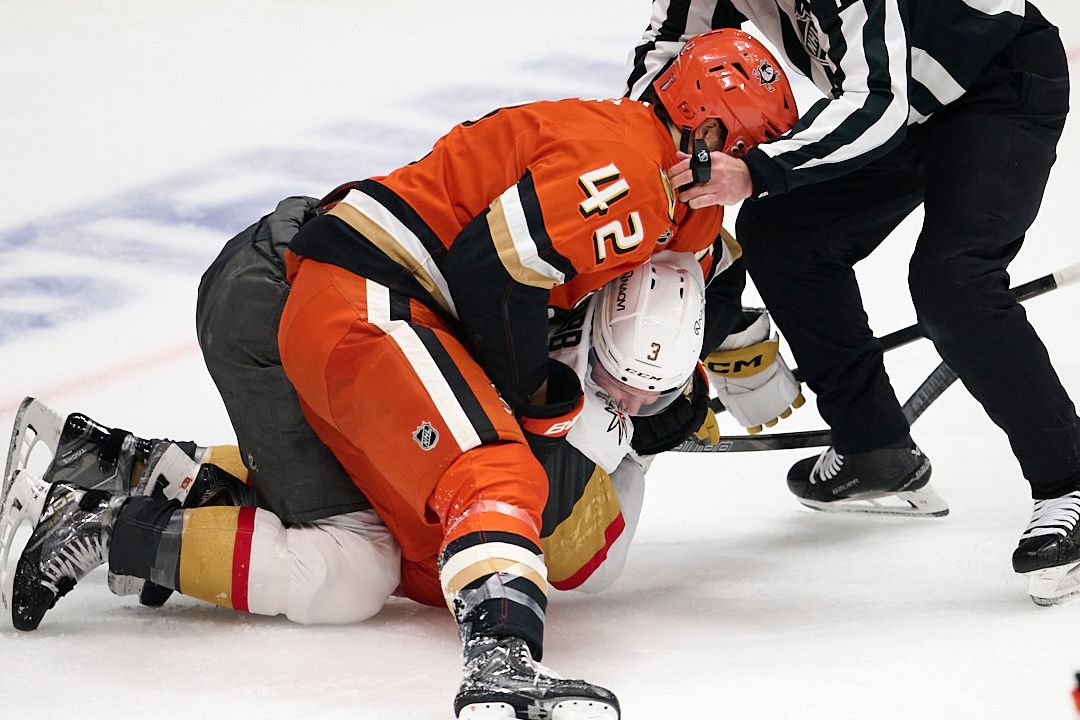 The Anaheim Ducks Tim Washe #42 fights with The Vegas Golden Knights Brayden McNabb #3 during an NHL playoffs game against The Vegas Golden Knights on May 10th, 2026 at Honda Center in Anaheim, California.