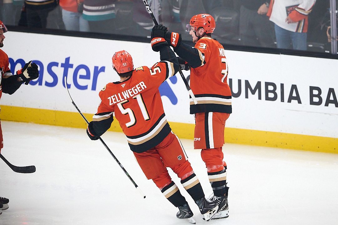 The Anaheim Ducks Ian Moore #3 scores a goal during an NHL playoffs game against The Vegas Golden Knights on May 10th, 2026 at Honda Center in Anaheim, California.