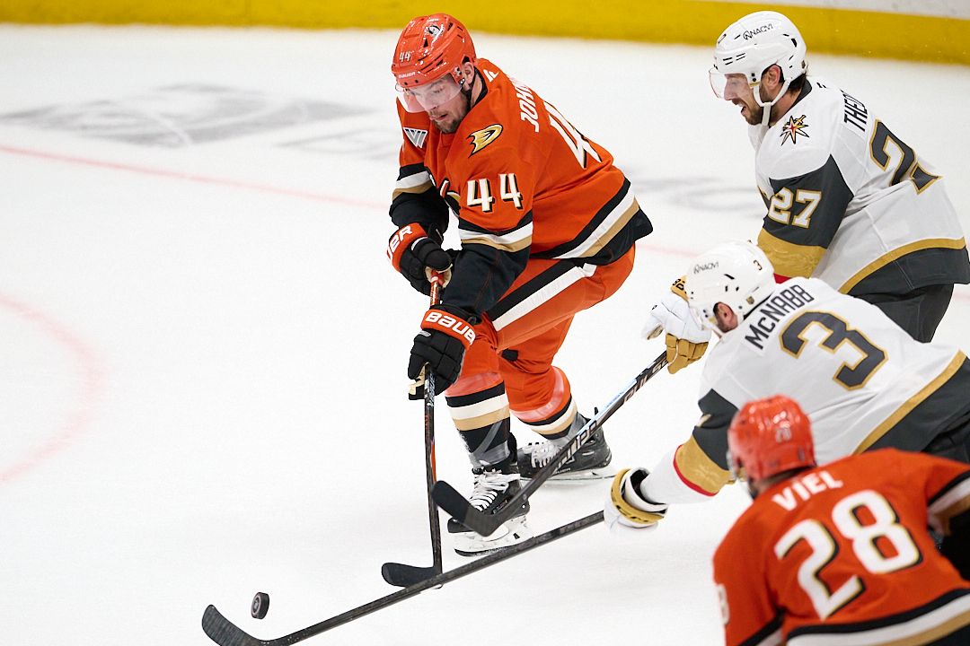 The Anaheim Ducks Ross Johnston #44 fights for the puck during an NHL playoffs game against The Vegas Golden Knights on May 10th, 2026 at Honda Center in Anaheim, California.