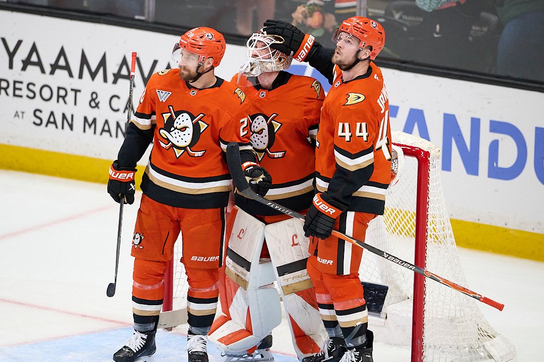 The Anaheim Ducks Ross Johnston #44, Lukas Dostal #1 and Jeffrey Viel #28 celebrate a win during an NHL playoffs game against The Vegas Golden Knights on May 10th, 2026 at Honda Center in Anaheim, California.