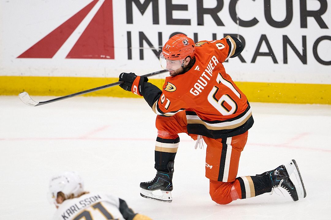 The Anaheim Ducks Cutter Gauthier #61 shoots a goal attempt during an NHL playoffs game against The Vegas Golden Knights on May 10th, 2026 at Honda Center in Anaheim, California.