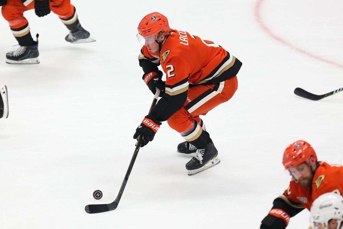 Anaheim Ducks defenseman Jackson LaCombe (2) skates with the puck during a Stanley Cup Playoff game against the Las Vegas Golden Knights on May 14, 2026 in Anaheim, CA.
