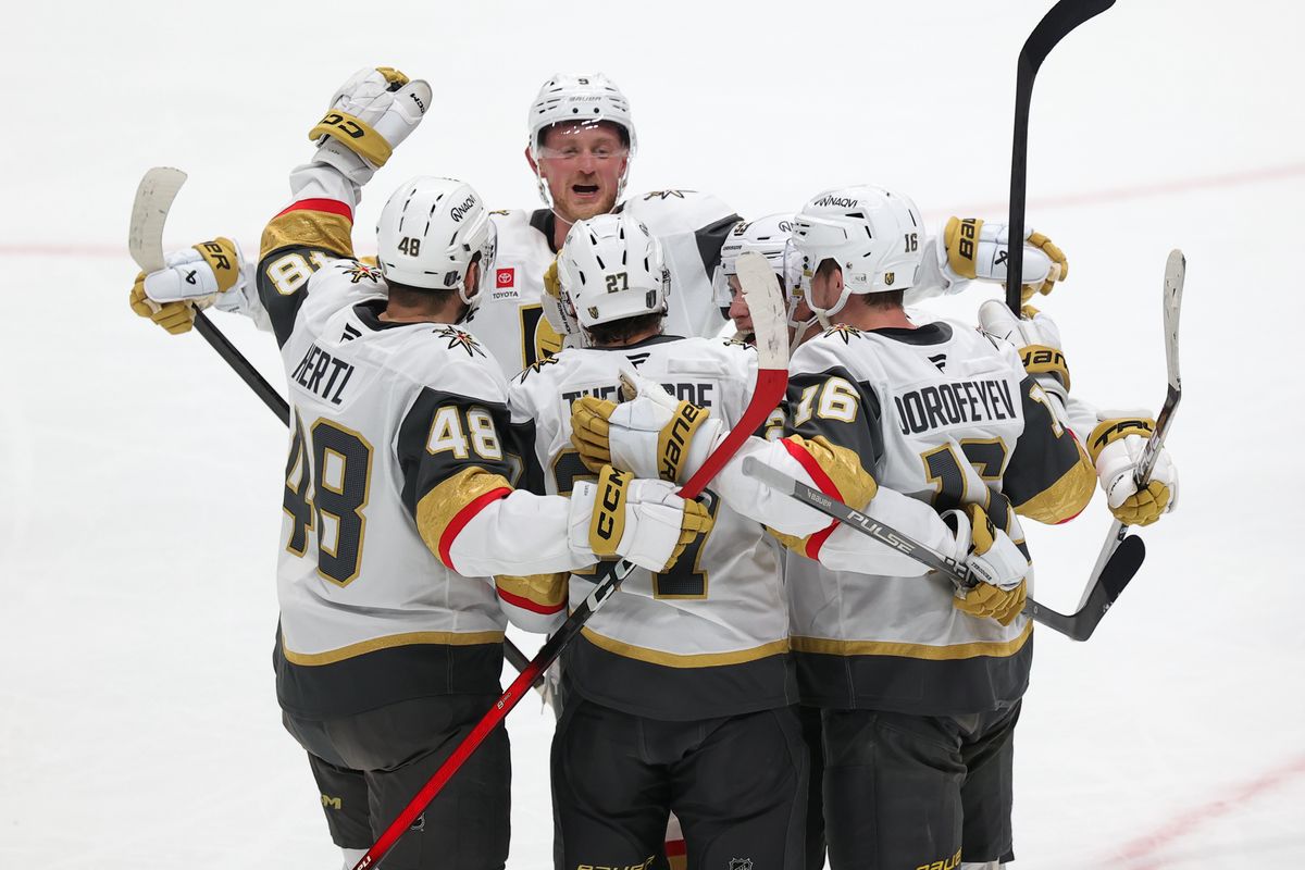 Las Vegas Golden Knights players celebrate a goal in the third period during a Stanley Cup Playoff game against the Anaheim Ducks on May 14, 2026 in Anaheim, CA.