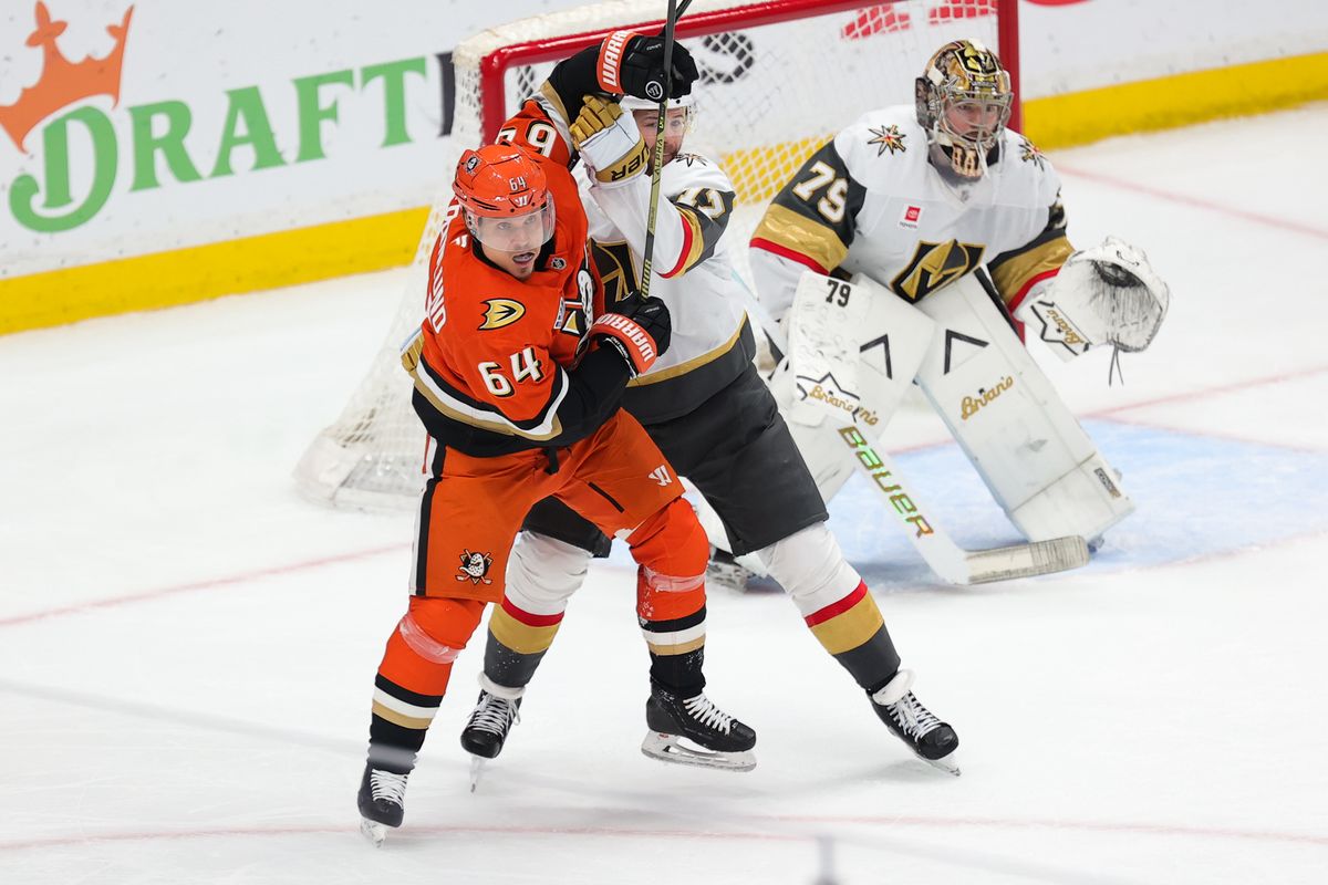 Anaheim Ducks center Mikael Granlund (64) battles for position during a Stanley Cup Playoff game against the Las Vegas Golden Knights on May 14, 2026 in Anaheim, CA.