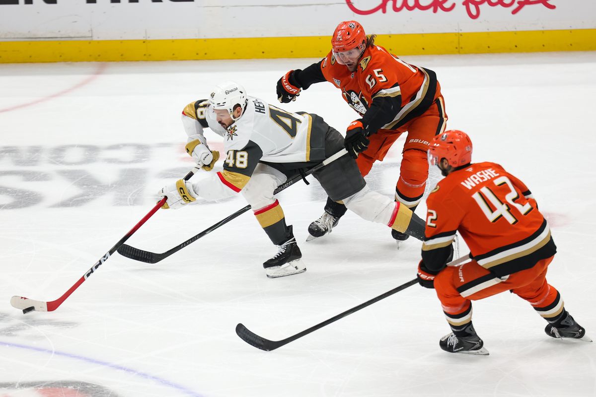 Las Vegas Golden Knights center Tomas Hertl (48) skates with the puck during a Stanley Cup Playoff game against the Anaheim Ducks on May 14, 2026 in Anaheim, CA.