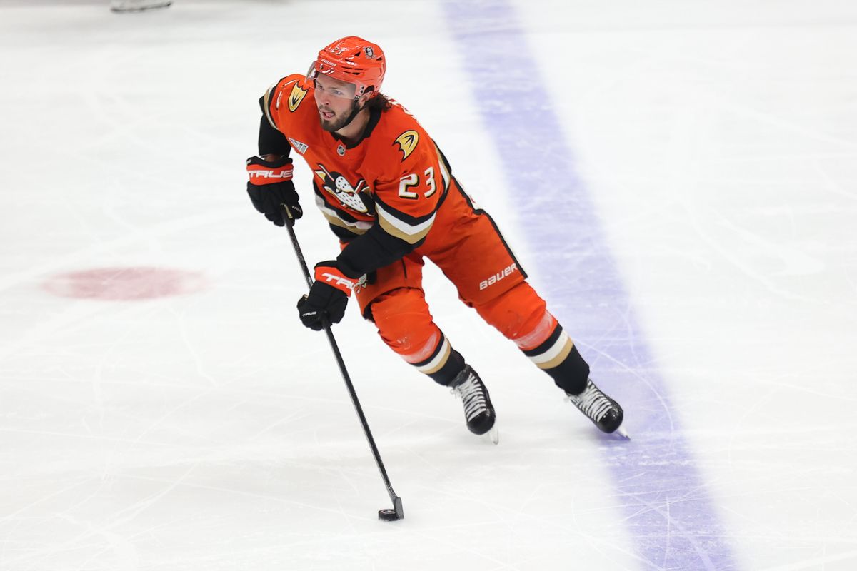 Anaheim Ducks center Mason McTavish (23) skates with the puck during a Stanley Cup Playoff game against the Las Vegas Golden Knights on May 14, 2026 in Anaheim, CA.