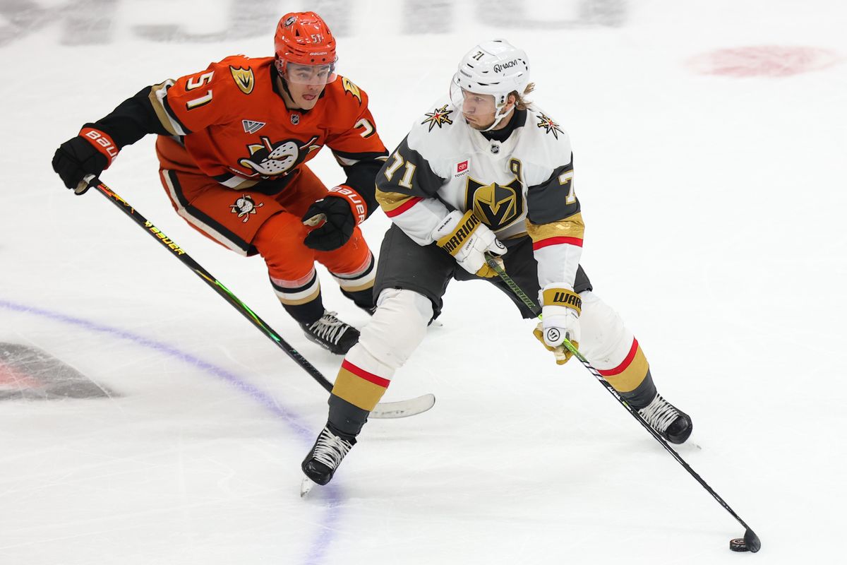 Las Vegas Golden Knights center William Karlsson (71) skates with the puck during a Stanley Cup Playoff game against the Anaheim Ducks on May 14, 2026 in Anaheim, CA.