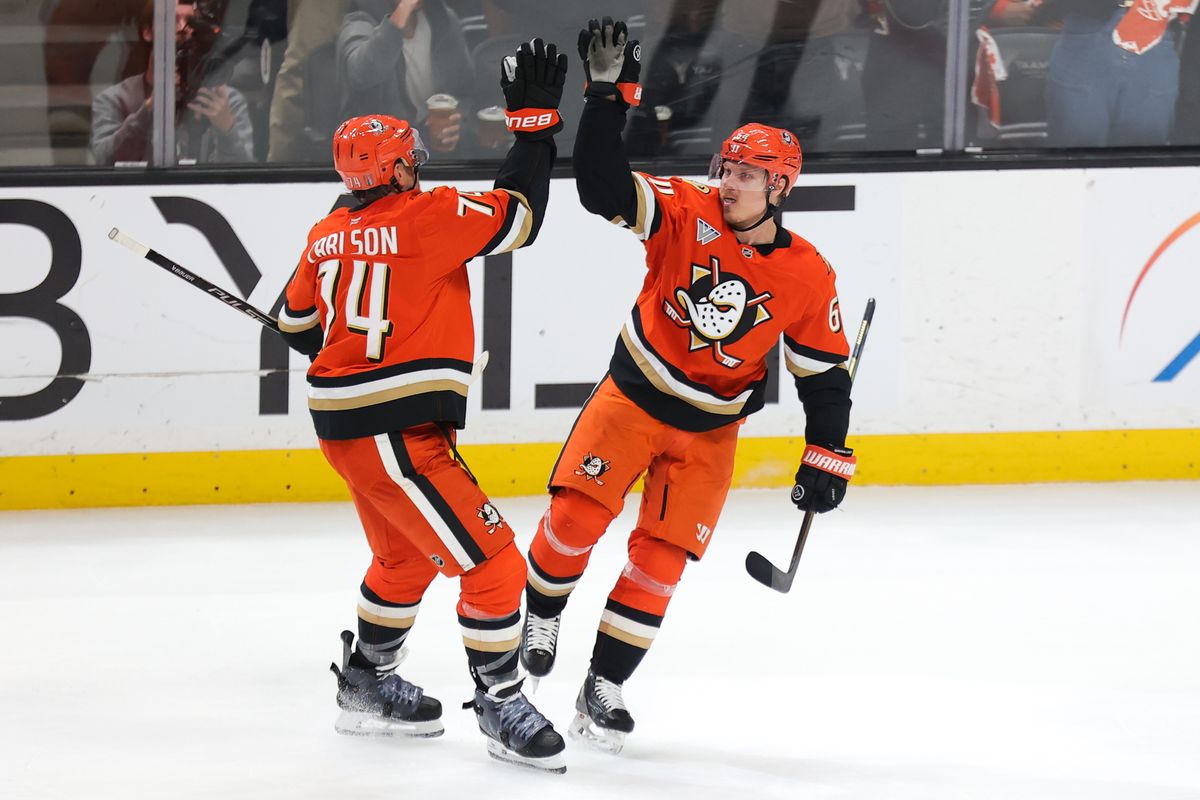 Anaheim Ducks center Mikael Granlund (64) celebrates a goal during a Stanley Cup Playoff game against the Las Vegas Golden Knights on May 14, 2026 in Anaheim, CA.