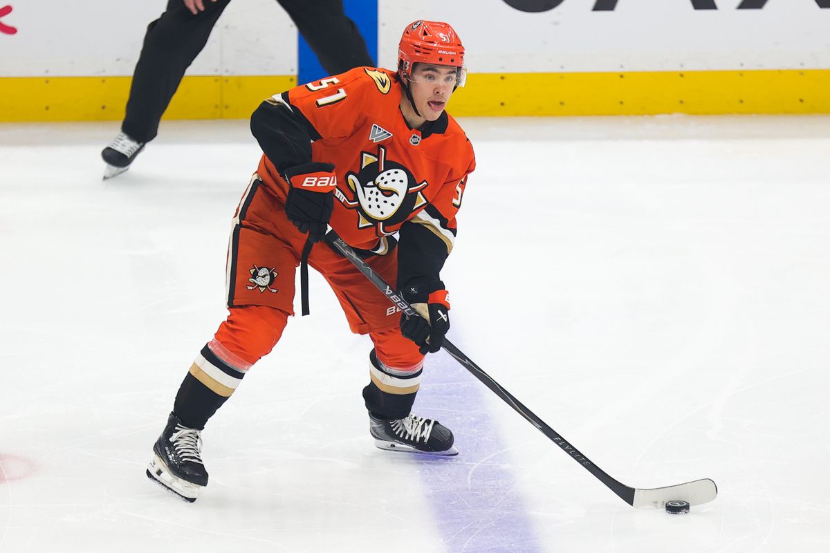 Anaheim Ducks defenseman Olen Zellweger (51) skates with the puck during a Stanley Cup Playoff game against the Las Vegas Golden Knights on May 14, 2026 in Anaheim, CA.