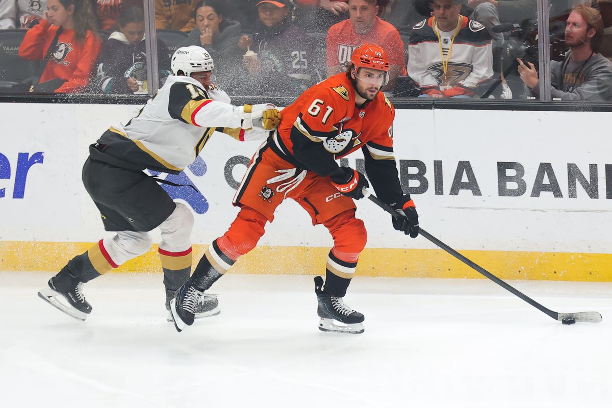 Anaheim Ducks left wing Cutter Gauthier (61) skates with the puck during a Stanley Cup Playoff game against the Las Vegas Golden Knights on May 14, 2026 in Anaheim, CA.