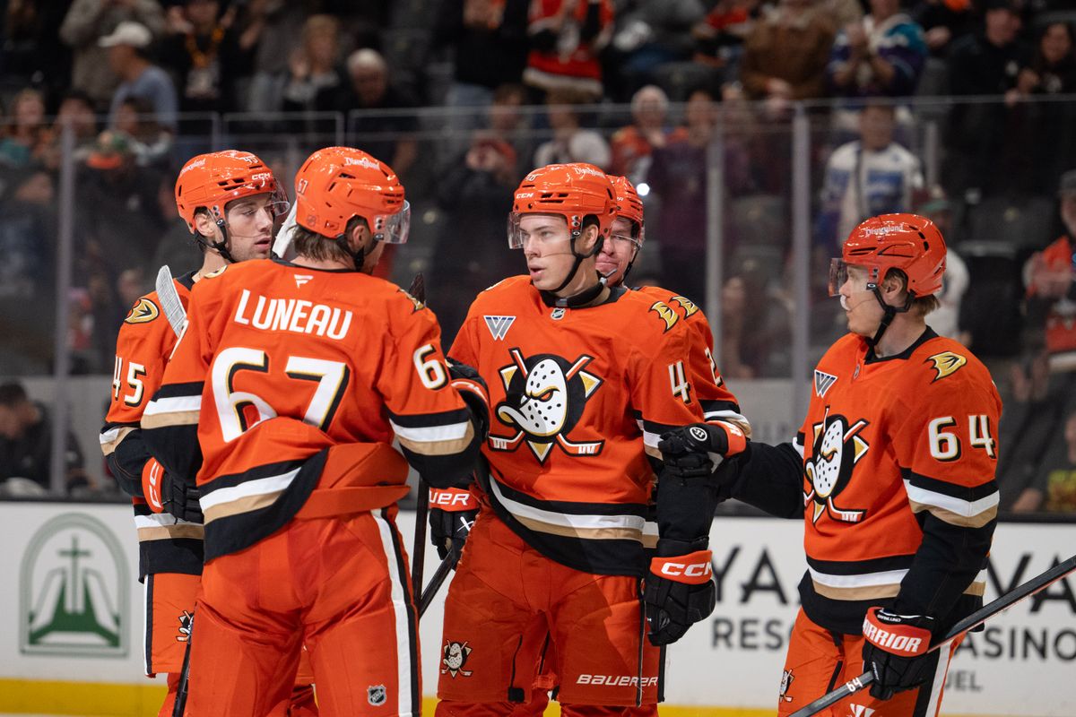 Anaheim Ducks defender Nick Jensen (4) celebrates with teeammates after scoring a goal during an NHL match between San Jose Sharks and Anaheim Ducks on Sunday, September 20, 2026 at Honda Center in Anaheim, California. Anaheim Ducks defender Nick Jensen (4) celebrates with teeammates after scoring a goal during an NHL match between San Jose Sharks and Anaheim Ducks on Sunday, September 20, 2026 at Honda Center in Anaheim, California.