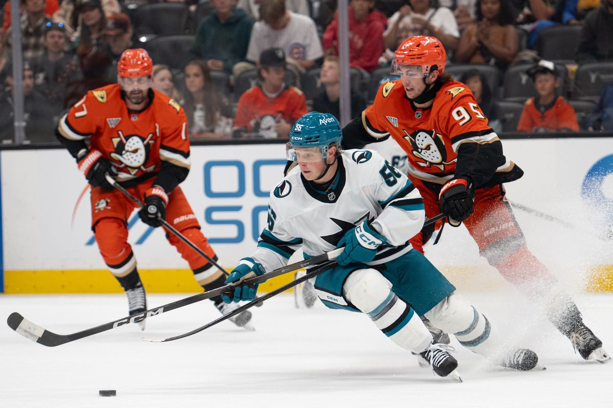 San Jose Sharks right wing Ethan Cardwell (56) battles for the puck during an NHL match between San Jose Sharks and Anaheim Ducks on Sunday, September 20, 2026 at Honda Center in Anaheim, California. San Jose Sharks right wing Ethan Cardwell (56) battles for the puck during an NHL match between San Jose Sharks and Anaheim Ducks on Sunday, September 20, 2026 at Honda Center in Anaheim, California.