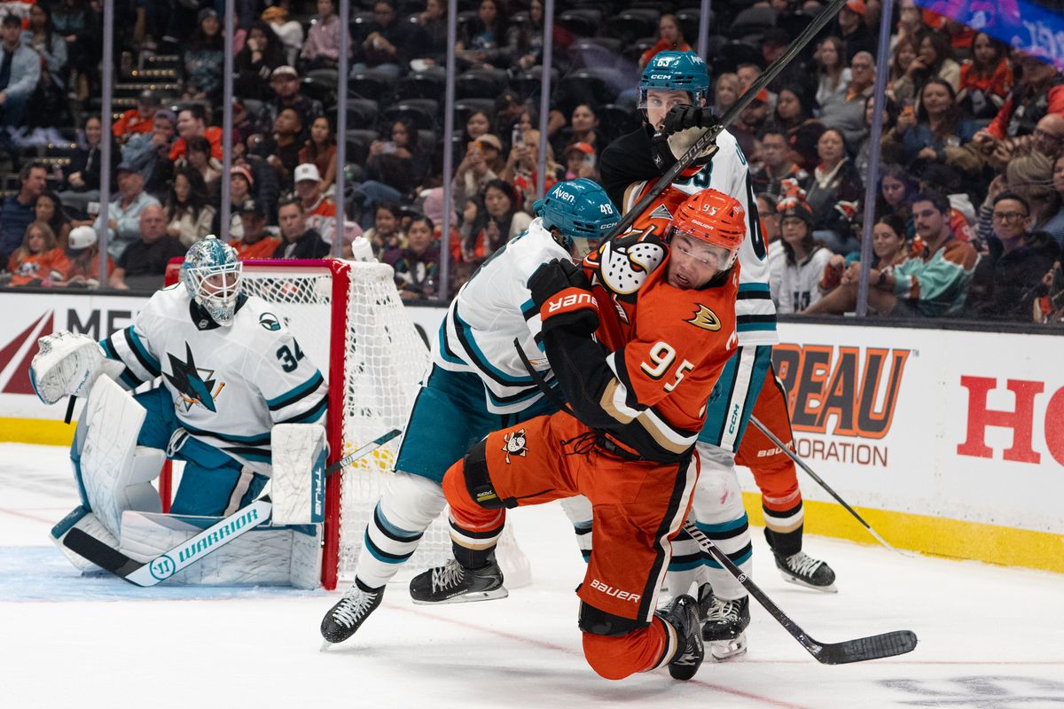 Anaheim Ducks center Roger McQueen (95) gets tangled up during an NHL match between San Jose Sharks and Anaheim Ducks on Sunday, September 20, 2026 at Honda Center in Anaheim, California. Anaheim Ducks center Roger McQueen (95) gets tangled up during an NHL match between San Jose Sharks and Anaheim Ducks on Sunday, September 20, 2026 at Honda Center in Anaheim, California.