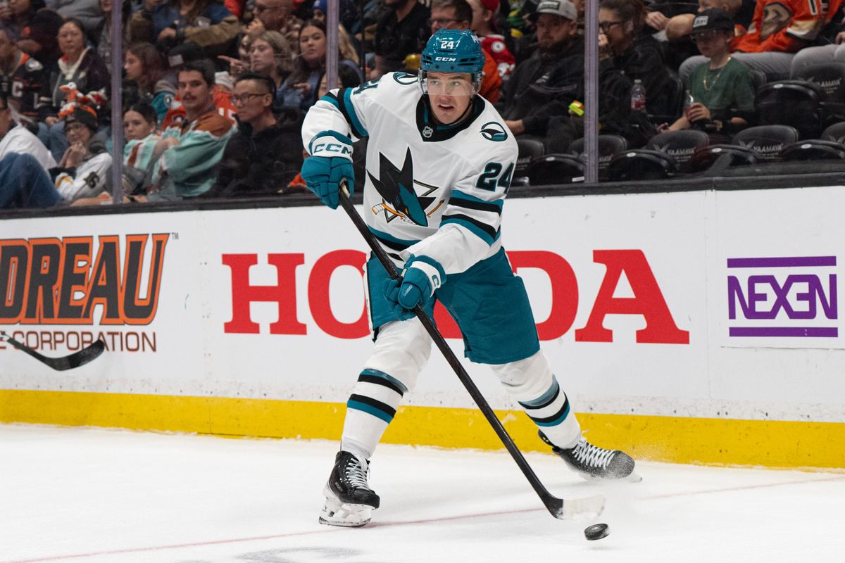 San Jose Sharks defender Libor Hajek (24) skates with the puck during an NHL match between San Jose Sharks and Anaheim Ducks on Sunday, September 20, 2026 at Honda Center in Anaheim, California. San Jose Sharks defender Libor Hajek (24) skates with the puck during an NHL match between San Jose Sharks and Anaheim Ducks on Sunday, September 20, 2026 at Honda Center in Anaheim, California.