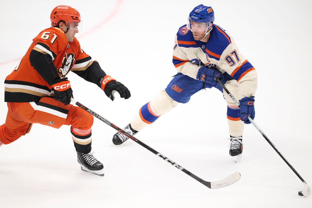 The Edmonton Oilers captain Connor McDavid #97 controls the puck during an NHL game against The Anaheim Ducks on October 7th, 2026 Honda Center in Anaheim, California. The Edmonton Oilers captain Connor McDavid #97 controls the puck during an NHL game against The Anaheim Ducks on October 7th, 2026 Honda Center in Anaheim, California.