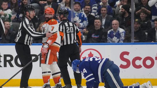 Ducks' Radko Gudas suspended 5 games for kneeing Leafs' Auston Matthews taken at Scotiabank Arena (Anaheim Ducks). Photo by Mandatory Credit: John E. Sokolowski-Imagn Images