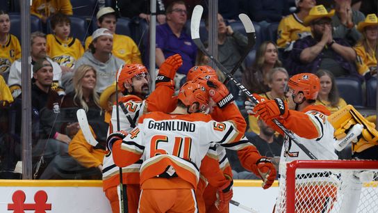 Ducks rally in Nashville, set first-round date with Oilers taken at Bridgestone Arena (Anaheim Ducks). Photo by Mandatory Credit: Alan Poizner-Imagn Images