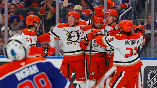 Ducks rally from blown lead for first playoff win in 9 years, tie series in Edmonton taken at Rogers Place (Anaheim Ducks). Photo by Mandatory Credit: Perry Nelson-Imagn Images