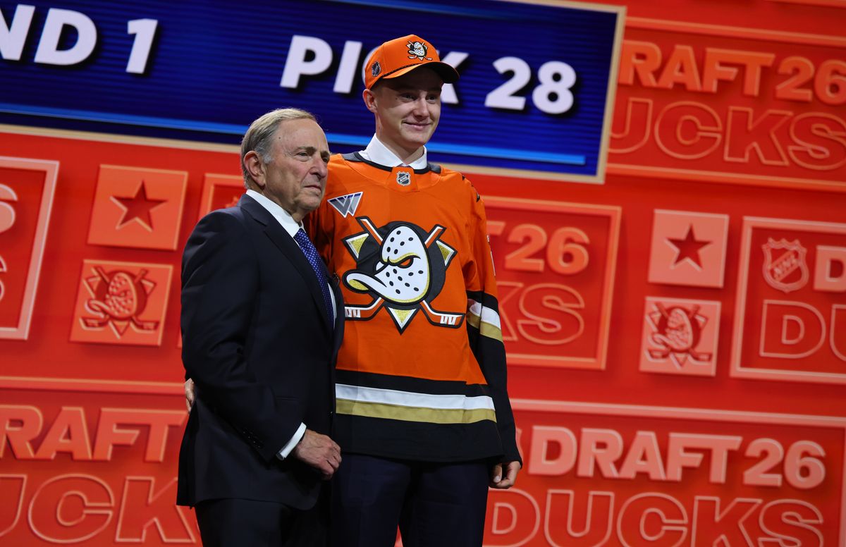un 26, 2026; Buffalo, New York, USA; Marcus Nordmark reacts beside NHL commissioner Gary Bettman after being selected with the twenty eighth pick in the first round of the 2026 NHL Draft by the Anaheim Ducks at KeyBank Center.