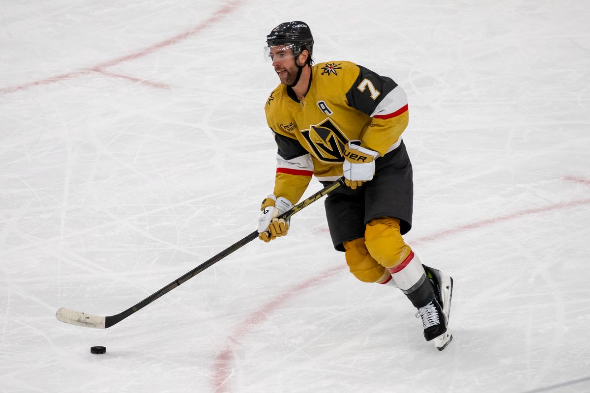 Las Vegas Golden Knights Alex Pietrangelo (7) takes the puck up the ice during an NHL game against Utah Hockey Club on Saturday November 2, 2024 in Las Vegas. Las Vegas Golden Knights Alex Pietrangelo (7) takes the puck up the ice during an NHL game against Utah Hockey Club on Saturday November 2, 2024 in Las Vegas.