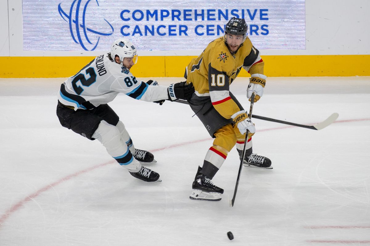Las Vegas Golden Center Knights Nicolas Roy (10) tries to escape Utah’s Kevin Stenlund (82) during an NHL game against Utah Hockey Club on Saturday November 2, 2024 in Las Vegas. Las Vegas Golden Center Knights Nicolas Roy (10) tries to escape Utah’s Kevin Stenlund (82) during an NHL game against Utah Hockey Club on Saturday November 2, 2024 in Las Vegas.