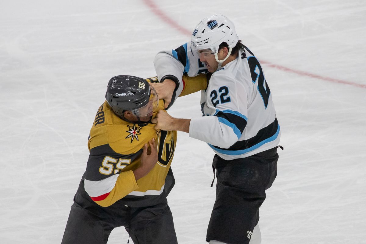 Utah Hockey Club center Jack McBain (22) fights with the Knight’s Keegan Kolesar (55) during an NHL game against Vegas Golden Knights on Saturday November 2, 2024 in Las Vegas. Utah Hockey Club center Jack McBain (22) fights with the Knight’s Keegan Kolesar (55) during an NHL game against Vegas Golden Knights on Saturday November 2, 2024 in Las Vegas.